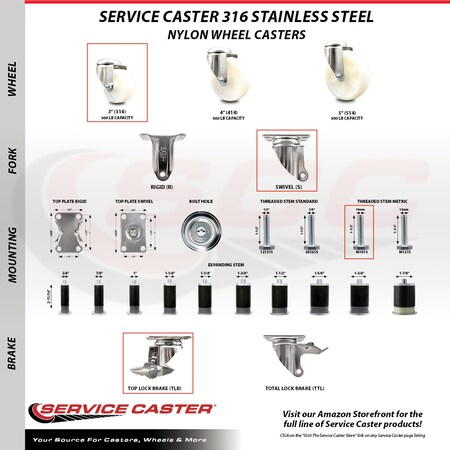 Service Caster 3 Inch 316SS Nylon Wheel Swivel 10mm Threaded Stem Caster Set Brake SCC SCC-SS316TS20S314-NYS-TLB-M1015-4